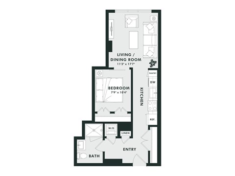 Floor plan for 1 bed, 1 bath, 533 sqft